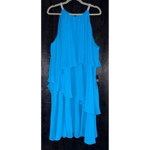 MSK Women 2X Turquoise Blue Tiered Chiffon Halter Dress Rhinestone Straps NWT